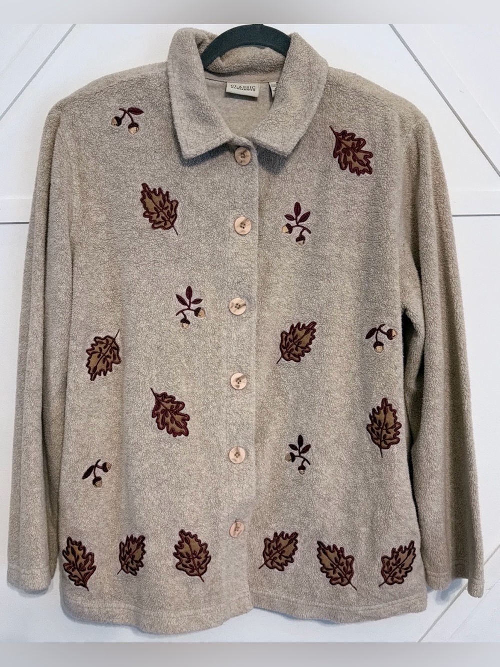 Classic Elements Beige Button-Front Cardigan with Brown Leaf Embroidery